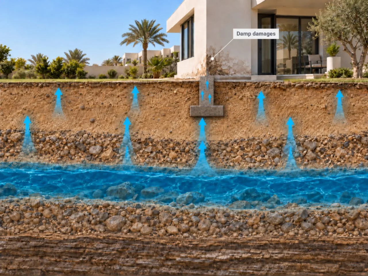Cross-section of a villa standing in damp ground, with the water table below and arrows showing water rising through the soil into the wall